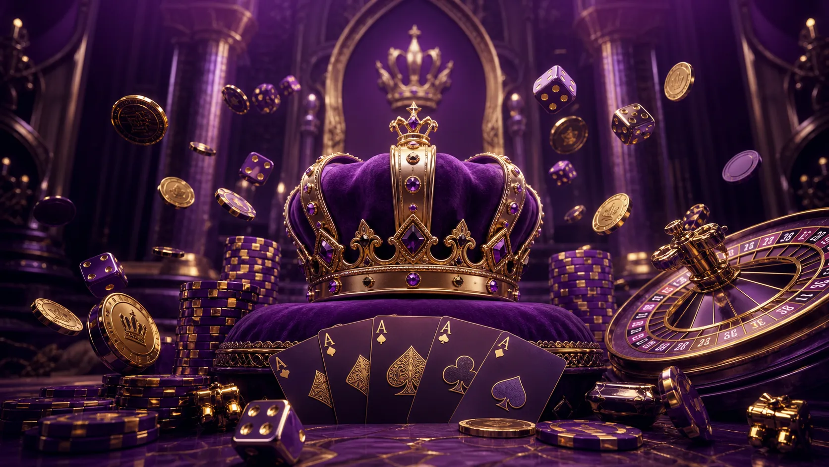 Luxury casino theme banner with glowing poker chips, cards, and dice, showcasing Slotroyals ambiance.