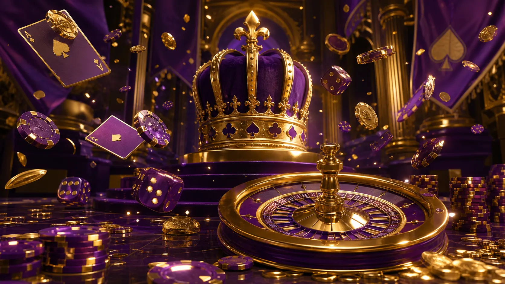 Slotroyals Opulent casino-themed image with stacked poker chips and glowing slot machine reels under dramatic lighting, embodying luxury